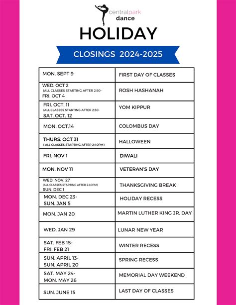 HOLIDAY OPENINGS & CLOSINGS - Central Park Dance