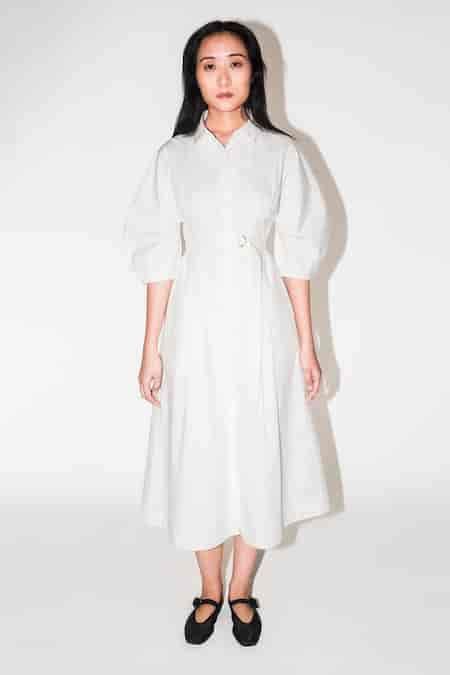 Buy White Cotton Collared Balloon Sculpture Dress For Women by Leh ...