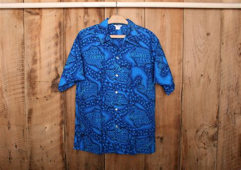 Buy Men's Sz. L | Vintage Blue Hawaiian Island Motif Loop Collar Button ...