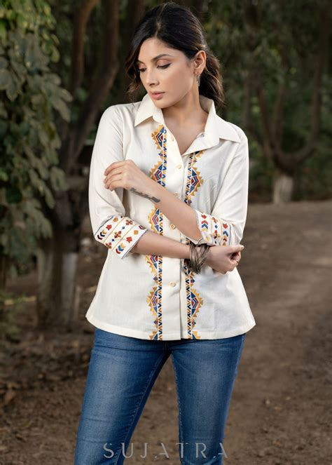 Stylish Cotton Ivory Shirt Highlighted with Classy Aztec Embroidery ...