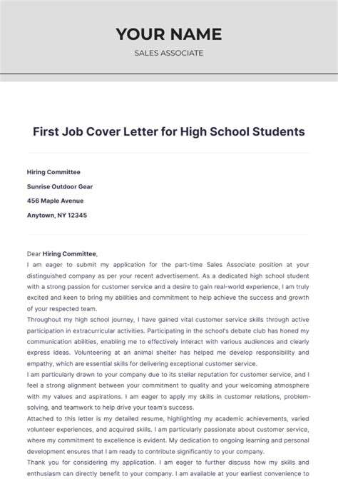 Free First Job Cover Letter for High School Students Template to Edit Online