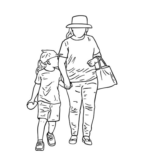 Moeder en dochter lopen hand in hand vrouw kind hoofdtooi doodle ...