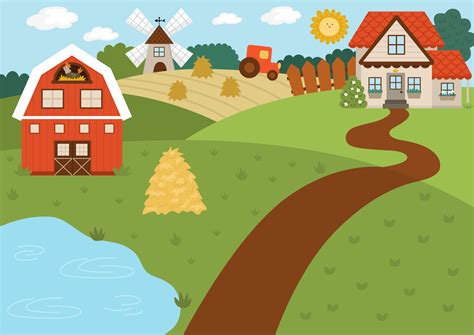 Vector farm landscape illustration. Rural village scene with barn ...