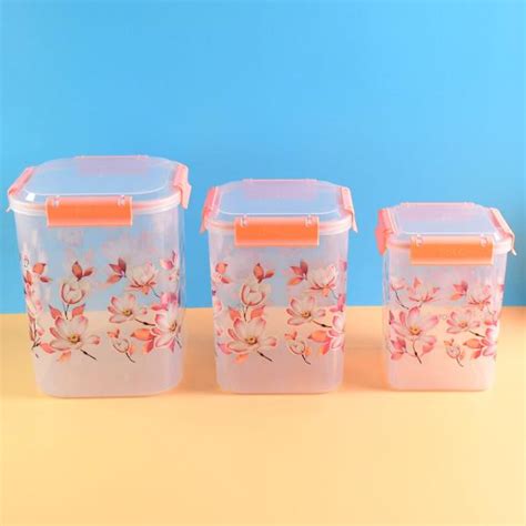 Square 3 Pcs Floral Printed Airtight Storage Container Set Approx 2.8 ...