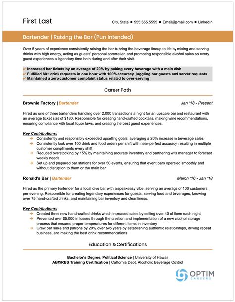 Bartender Resume [How to Write One With Examples] — Optim Careers