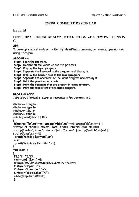 Cd manual - experiment 1 to 3 only - CS3501- COMPILER DESIGN LAB Ex no ...