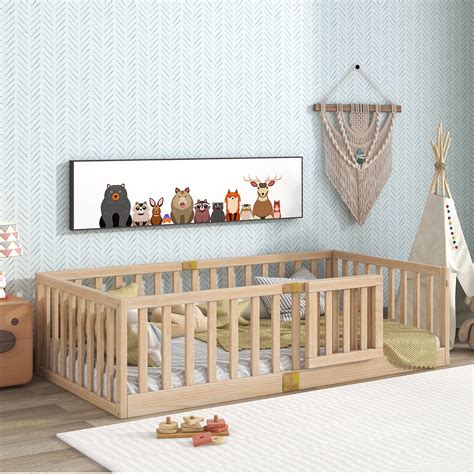 Tatub Twin Floor Bed with Safety Guardrails and Door, Montessori Floor ...