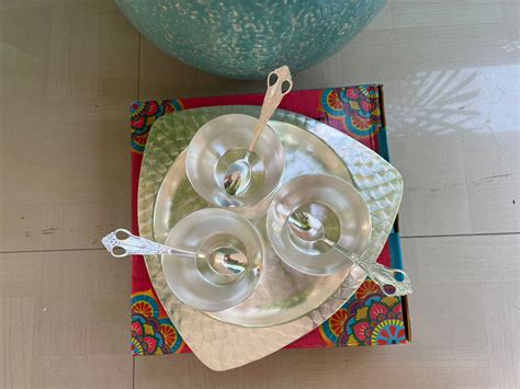 Silver plated Designer triangle self imprint tray with 3 bowls and 3 s ...