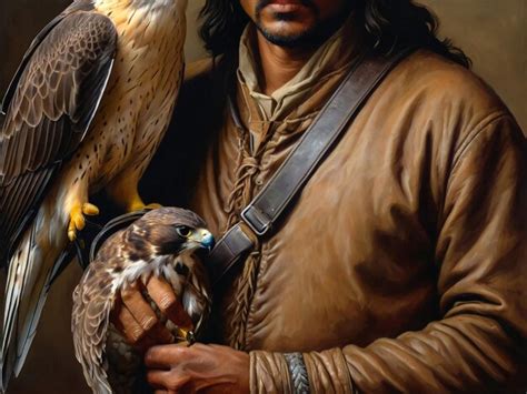 Man holding a falcon, in the centre of a group of people