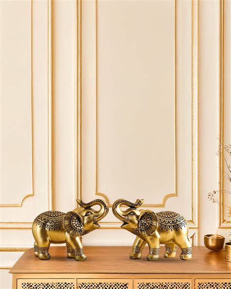 Golden Elephant Statues - Home Decor Figurines (Set of 2) – Alamkari