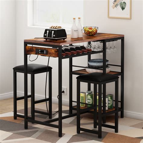 17 Stories Bar Table and Chairs Set with Power Outlet, Pub Table and ...