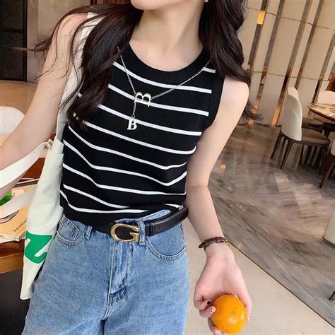 Shop Black Horizontal Thin Stripes Flat Tank Top - for Women | OUTZIDR ...