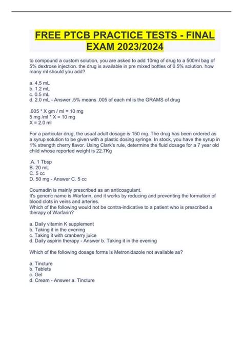 FREE PTCB PRACTICE TESTS - FINAL EXAM 2023/2024 - PTCB CSPT - Stuvia US