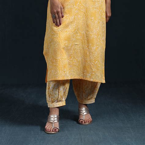 Yellow Hand Block Batik Print Cotton Suit Set with Dupatta for women
