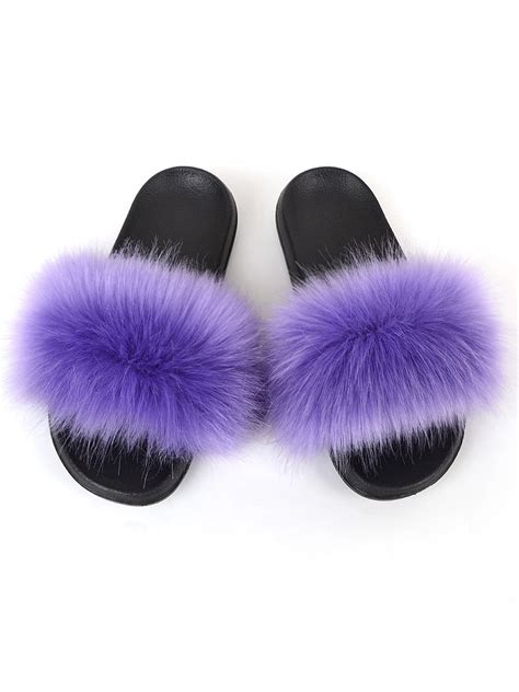 Zodanni Women Fuzzy Slippers Color Block Fluffy Slides Furry Slipper ...