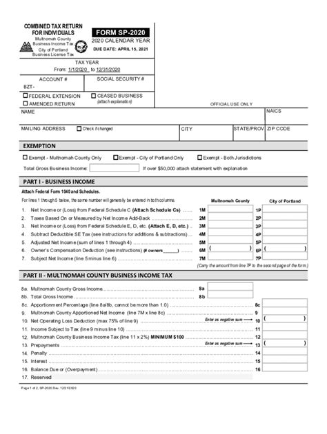2020 Form OR Combined Tax Return for Individuals - Multnomah County ...