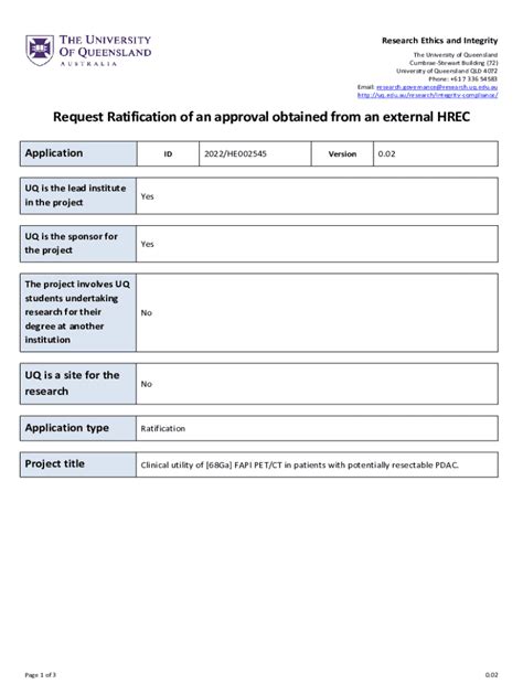 Fillable Online UQ - Human Ethics - Application Form - Ratification ...