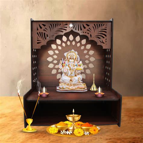 Designer Wooden Temple for Home with Spacious Shelf & Inbuilt Focus Li ...