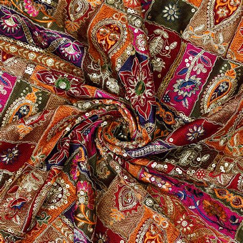 54" Maroon Indian Embroidered Fabric by the Yard Georgette Embroidery ...