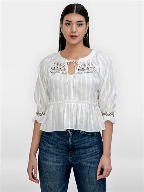 White Dobby Embroidered Peplum Top – ATHAH