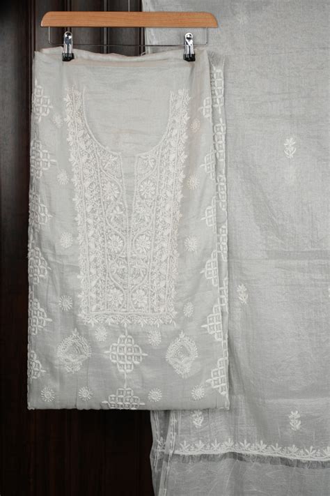 Grey Chikankari chanderi Unstitched Kurta Piece with Dupatta