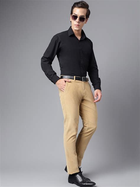 Hancock Men Khaki Solid Cotton cotton stretch corduroy Slim Fit Formal ...