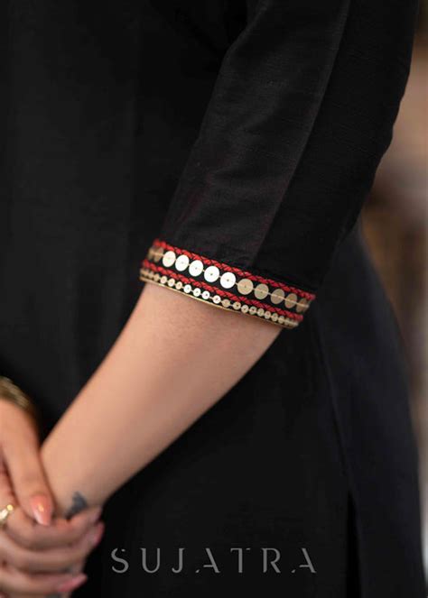 Elegant Black Cotton Silk Kurta With Red & Gold Embroidery On Neckline ...