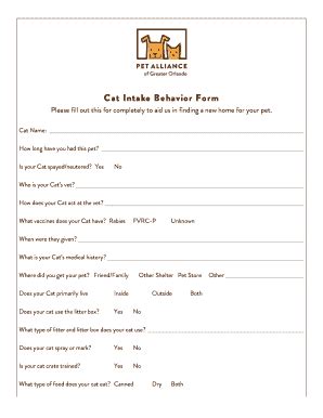 Fillable Online Cat Intake Behavior Form revised.docx Fax Email Print ...