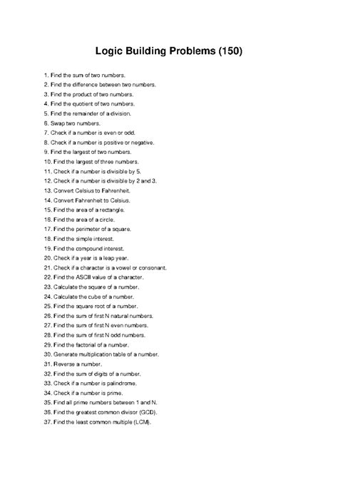 Logic Building Problems (150): Comprehensive Problem Set - Studocu