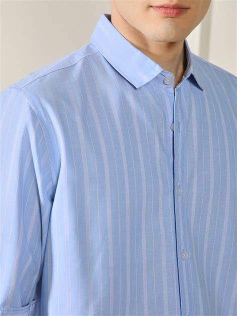 Men's Button Down Collar Regular Fit Stripes Blue Cotton Linen Shirt ...