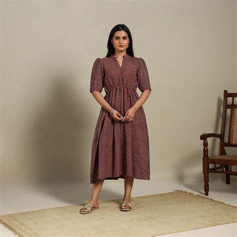 Brown Natural Dyed Block Print Cotton Fit & Flare Ajrakh Dress