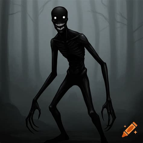 A tall, slender, distorted figure in a black suit and crooked top hat ...