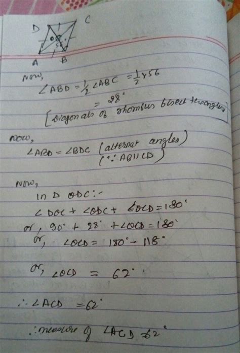Abcd is a rhombus with angle abc = 56 degree. find the measure of angle ...