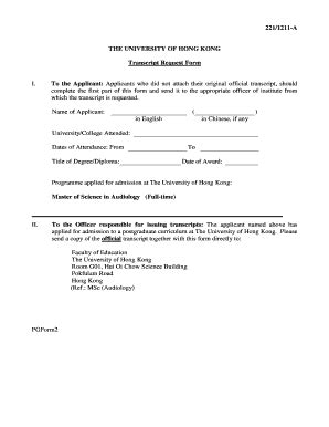 Fillable Online THE UNIVERSITY OF HONG KONG Transcript Request Form Fax ...