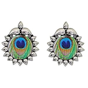 Aadishree Silver Plated Oxidised Peacock Stud Earrings for Women and ...