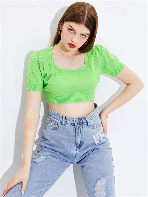 Buy URBANIC Women Lime Green Floral Crop Pullover - Sweaters for Women ...