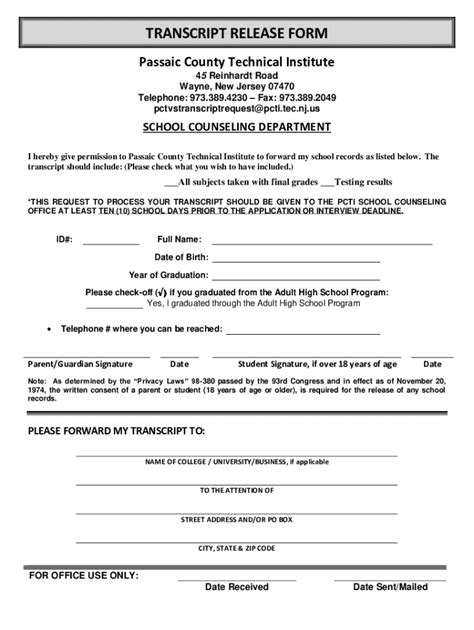 2020-2026 Passaic County Technical Institute Transcript Release Form ...
