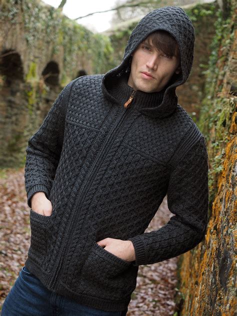 Men's Hooded Zip Cardigan - Charcoal | Irish sweater, Wool sweater men ...