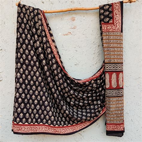 ROZANA - Pure Cotton Bagru Black With Fruit Motifs Hand Block Print Sa ...