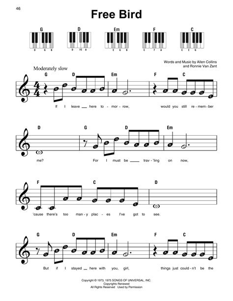 Free Bird by Lynyrd Skynyrd Sheet Music for Super Easy Piano at Sheet ...