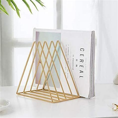 MOREYAJI Metal Golden Coating Triangle Slot Magazine Rack Desktop Book ...