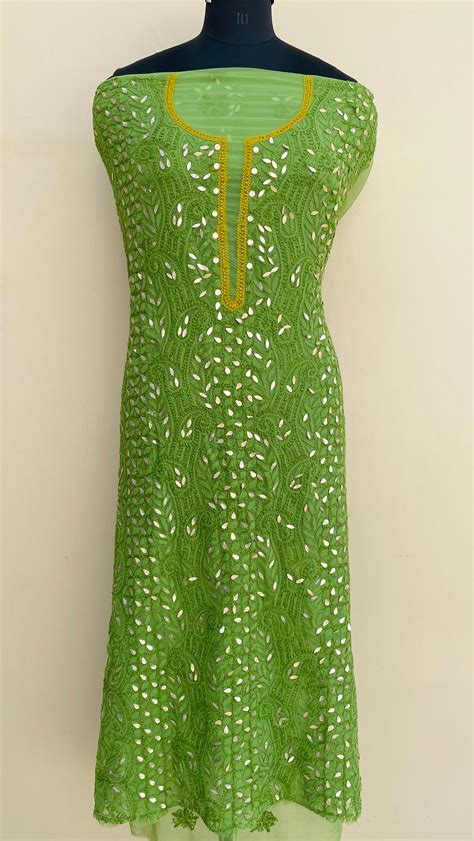 Lucknowi Chikankari Kurta Length Green Georgette With Gotta Patti Work ...