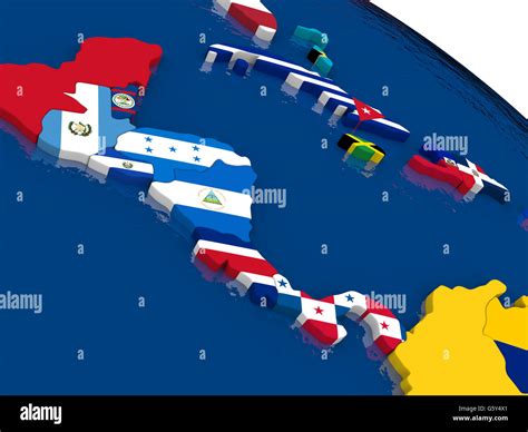 Map of Central America with embedded flags on 3D political map. Accurate official colors of ...