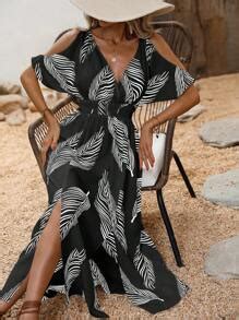 Breezaya Tropical Print Cold Shoulder Split Thigh Dress Maxi Vacation ...
