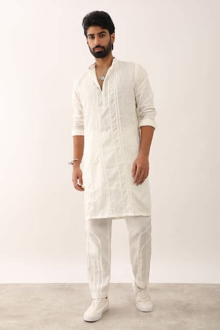 Buy White 100% Linen Plain Zeshan Applique Texture Kurta And Pant Set ...