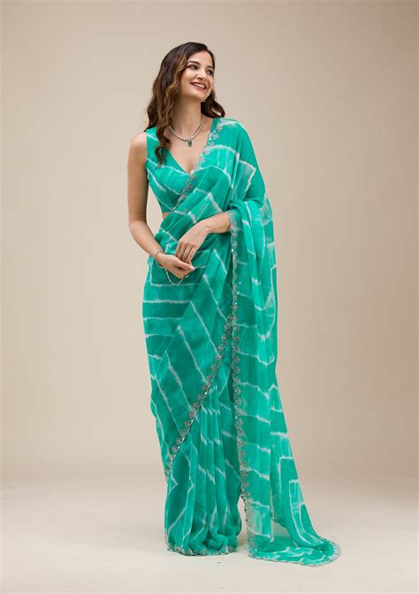 Buy Rama Green Printed Georgette Saree - Koskii