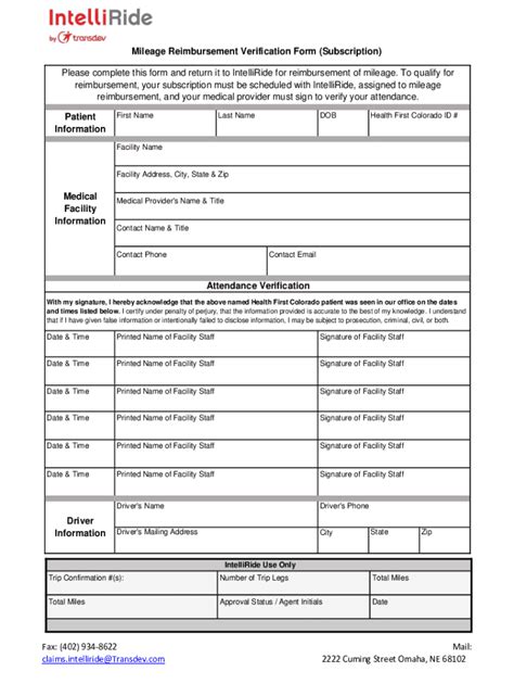 Mileage Reimbursement Verification Form - Blank Fillable Template ...