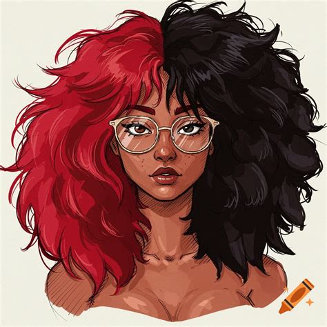 Sketch portrait of a person with half red, half black curly hair ...