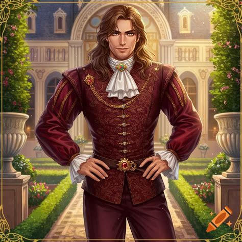 A handsome man in historical noble attire stands in a garden. on Craiyon