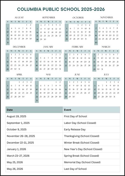 Columbia Public School Calendar 2025-2026 (Dates)